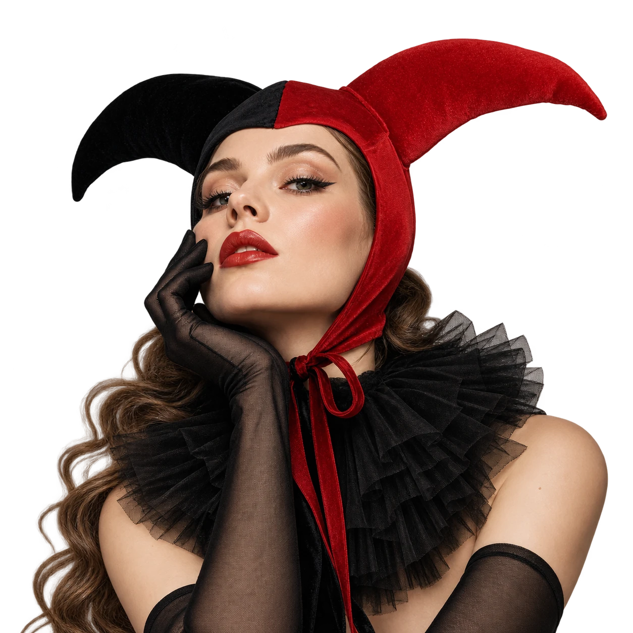 Model wearing a red and black velvet jester hat with a black tulle collar